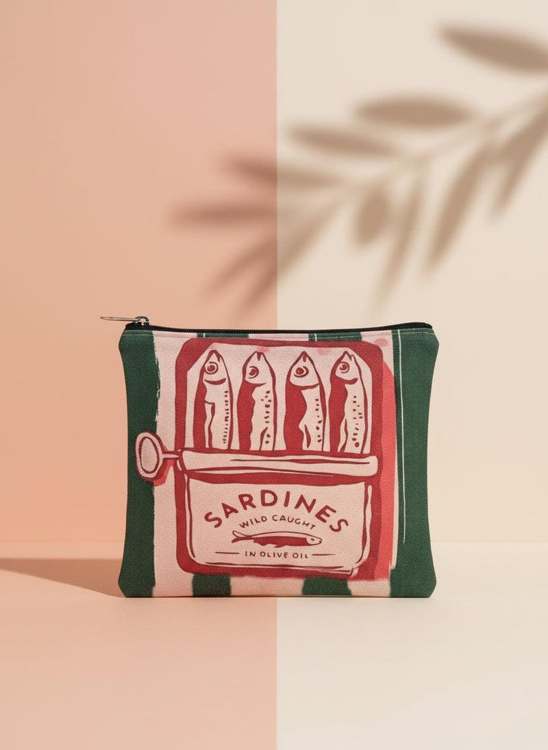 Sardine travel cosmetic bag with quirky fish design, perfect for organizing toiletries and makeup on the go.