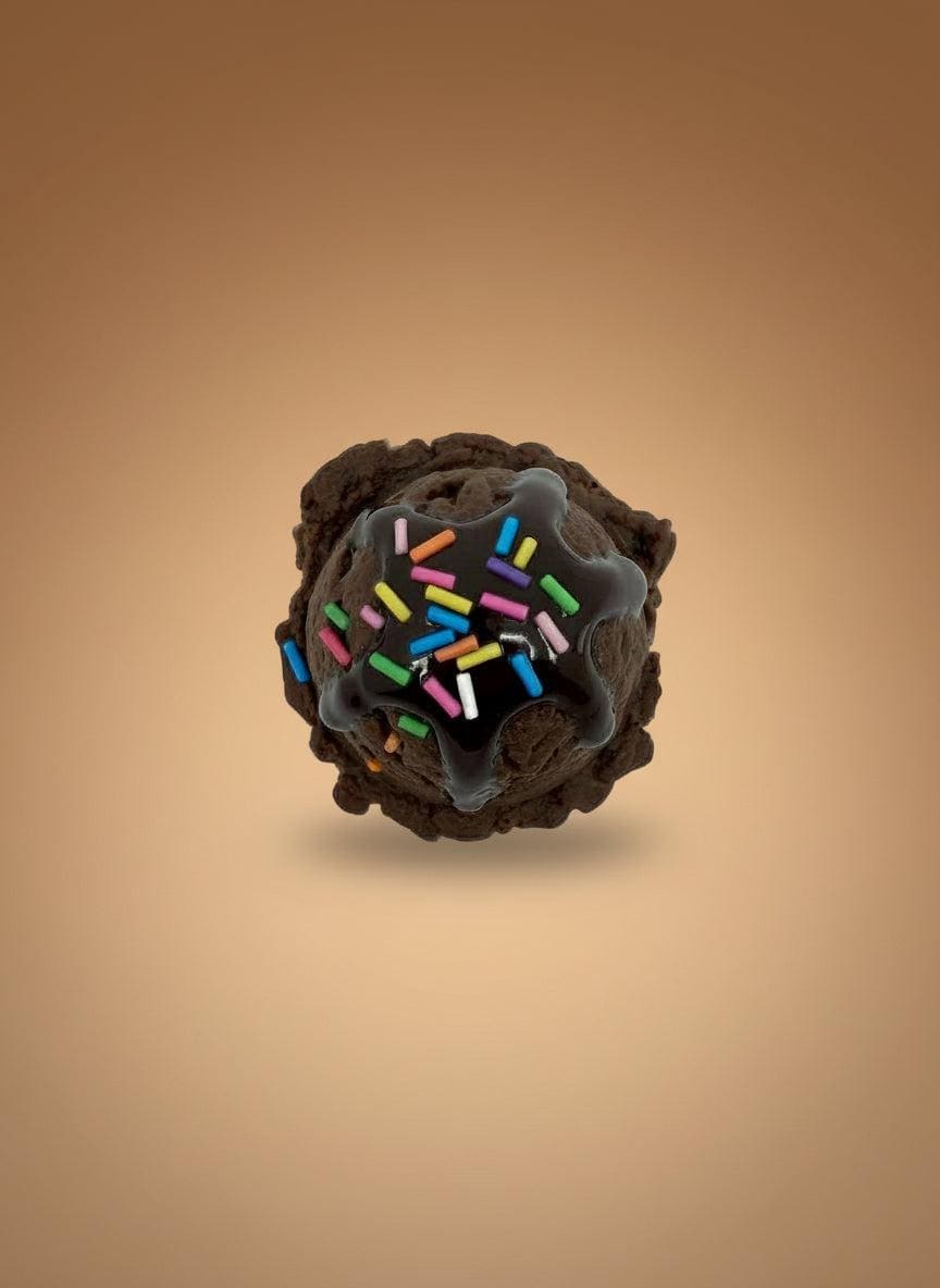 Realistic Fake Ice Cream Magnet featuring a chocolate dessert ball with colorful sprinkles on a smooth background.
