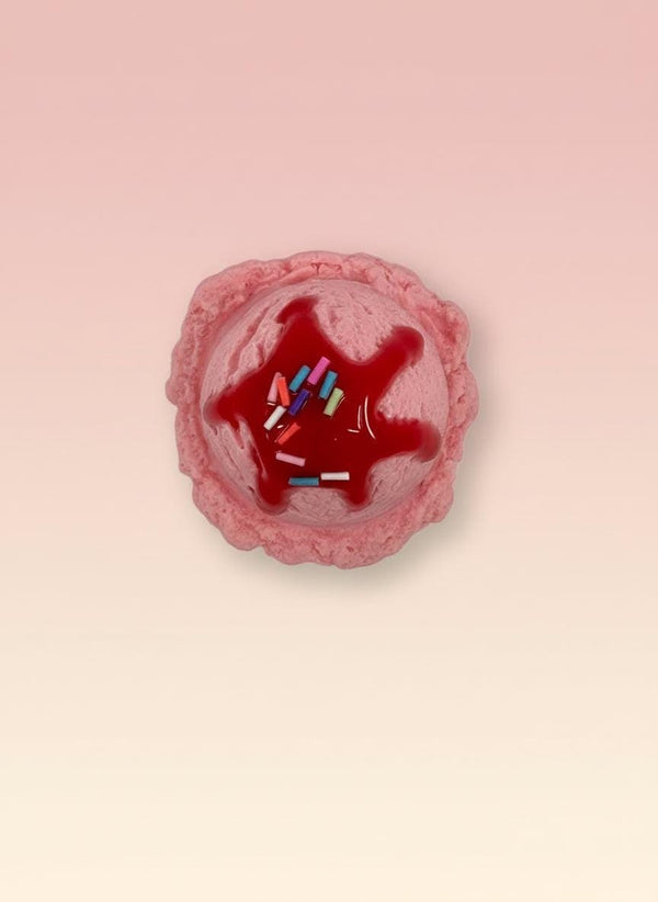 Realistic Fake Ice Cream Magnet featuring a lifelike strawberry dessert with colorful sprinkles and cherry sauce.