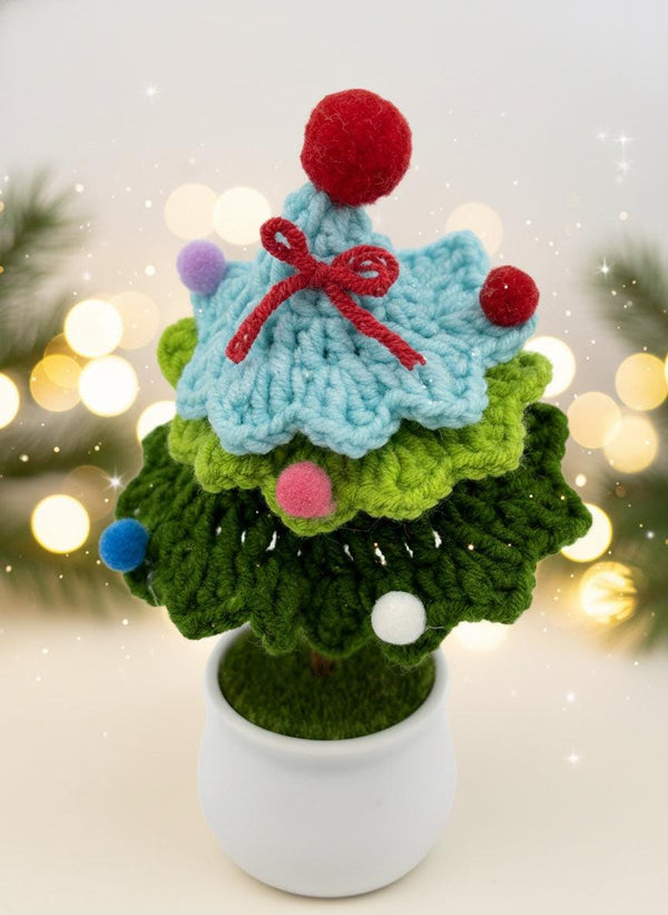 Mini Crochet Christmas Tree Ornament with colorful decorations in a white pot, perfect for holiday decor.