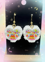 Mini Resin Cake Earrings – Handmade dessert jewelry with colorful birthday cake design.