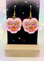 Mini Resin Cake Earrings – Handmade dessert jewelry featuring colorful birthday cake design in heart shape.