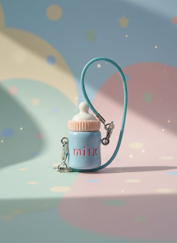 Keychain shaped like a baby bottle with 'milk' text on a clear background