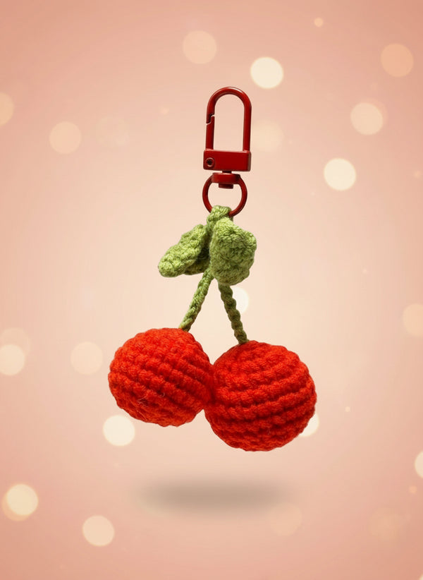 Crocheted cherry keychain