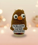 Emotional Support Owl by Craft-N-Crumble™, a handmade plush owl holding a sign with a loving message.