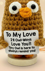 Emotional Support Owl holding a sign that says 'To My Love, I'll Owl-Ways Love You!!' from Craft-N-Crumble™.
