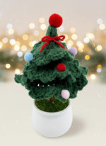 Mini Crochet Christmas Tree Ornament in green with colorful decorations, perfect for holiday decor.