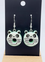 Cute Animal Donut Earrings featuring panda faces in green and white resin for kawaii charm jewelry.
