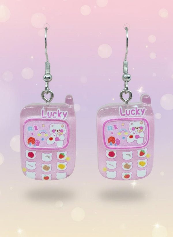Adorable Kawaii Phone Earrings in pink with colorful cartoon design and glossy finish, perfect for cute fashion lovers.