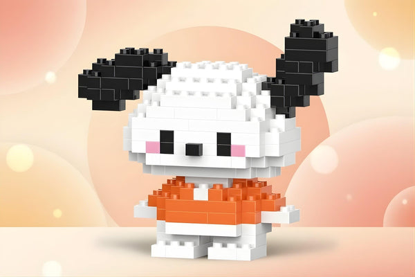 Kawaii mini building blocks character figure with black and white ears wearing an orange outfit, cute DIY project.