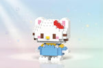Kawaii mini building blocks in the form of an adorable character with a red bow and blue overalls.