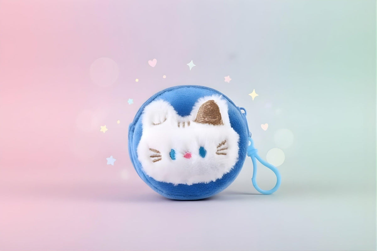 Cute blue plush animal coin pouch with a cat design, perfect for organizing small items.